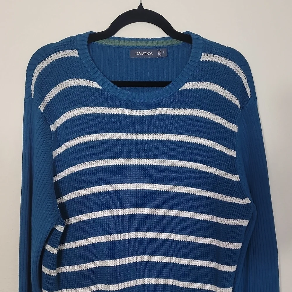 Vintage Nautica Mens 100% Cotton Crewneck Sweater Size L Blue White Stripe Y2K
